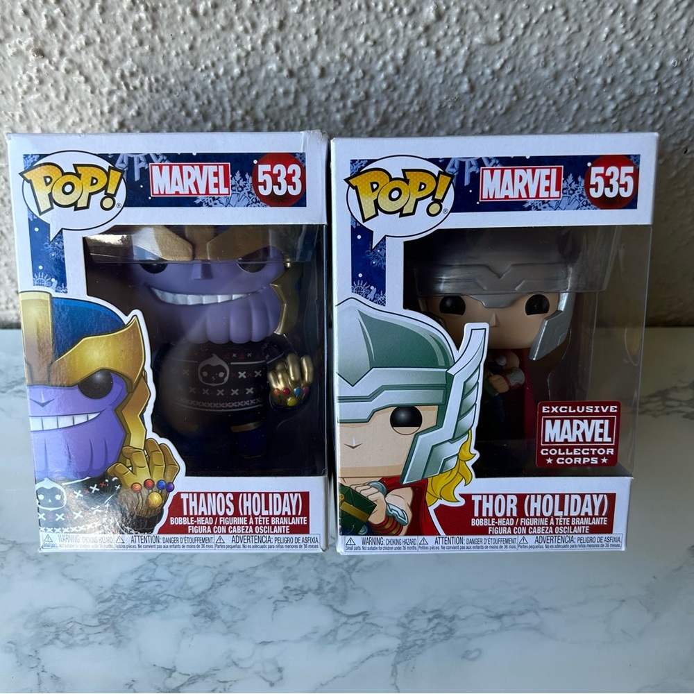 Funko Pop! Marvel Thanos in Ugly Sweater and Thor Holiday Bobble-Head NIB